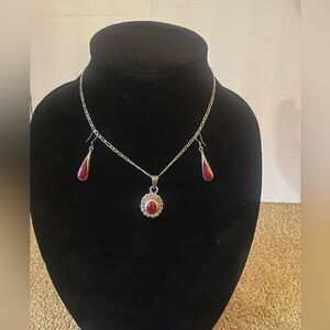 Vintage antique sterling silver 925 red ruby stone necklace and earrings set
